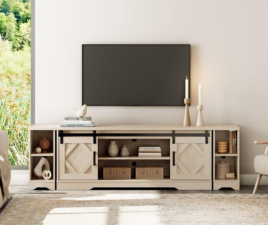 WAMPAT 3-in-1 Modern Farmhouse TV Stand for up to 85' TV, 23.6' H Wood Entertainment Center with Sliding Barn Door and Adjustable Media Storage Shelf for Living Room, Beige