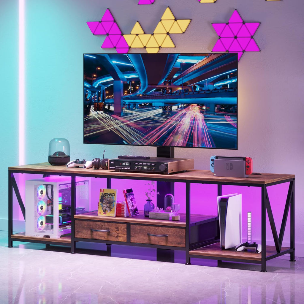 63' W TV Stand with Mount for 55,65,75' TV,Entertainment Center with Power Outlet&Led Lights,Height Adjustable TV Console Table with Open Storage Shelves&Fabric Drawers (Rustic Brown, 63'W)