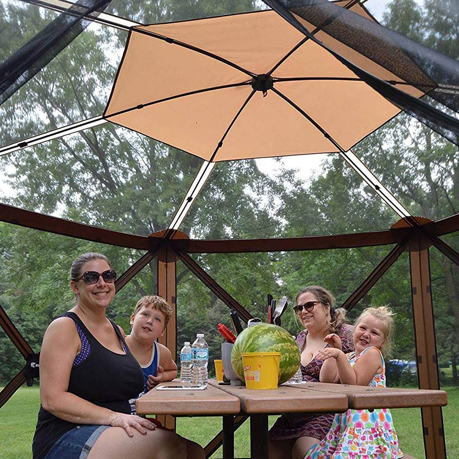 Clam Quick-Set Sky Screen Shelter – 8-Person Pop-Up Tent with Screened Roof for Airflow & Stargazing, 140' x 140', Brown, Instant Setup, Oversized Carry Bag – Camping, Tailgating, Outdoor Use