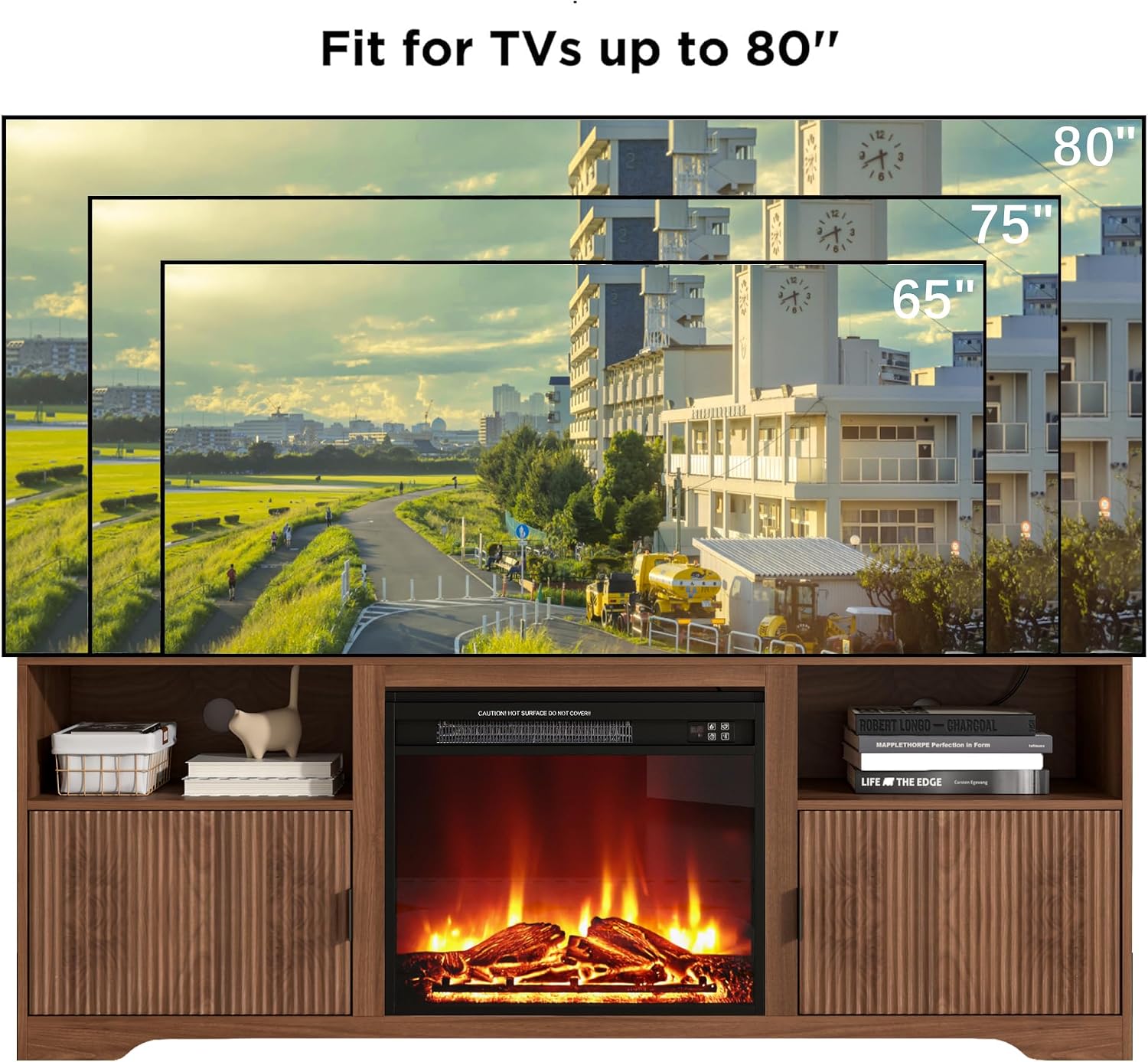 Fireplace TV Stand for Television up to 80 Inch,Entertainment Center with Adjustable Shelf,Mid-Century Modern Fluted TV Stand with 23' Electric Fireplace,Media Console for Living Room,Bedroom