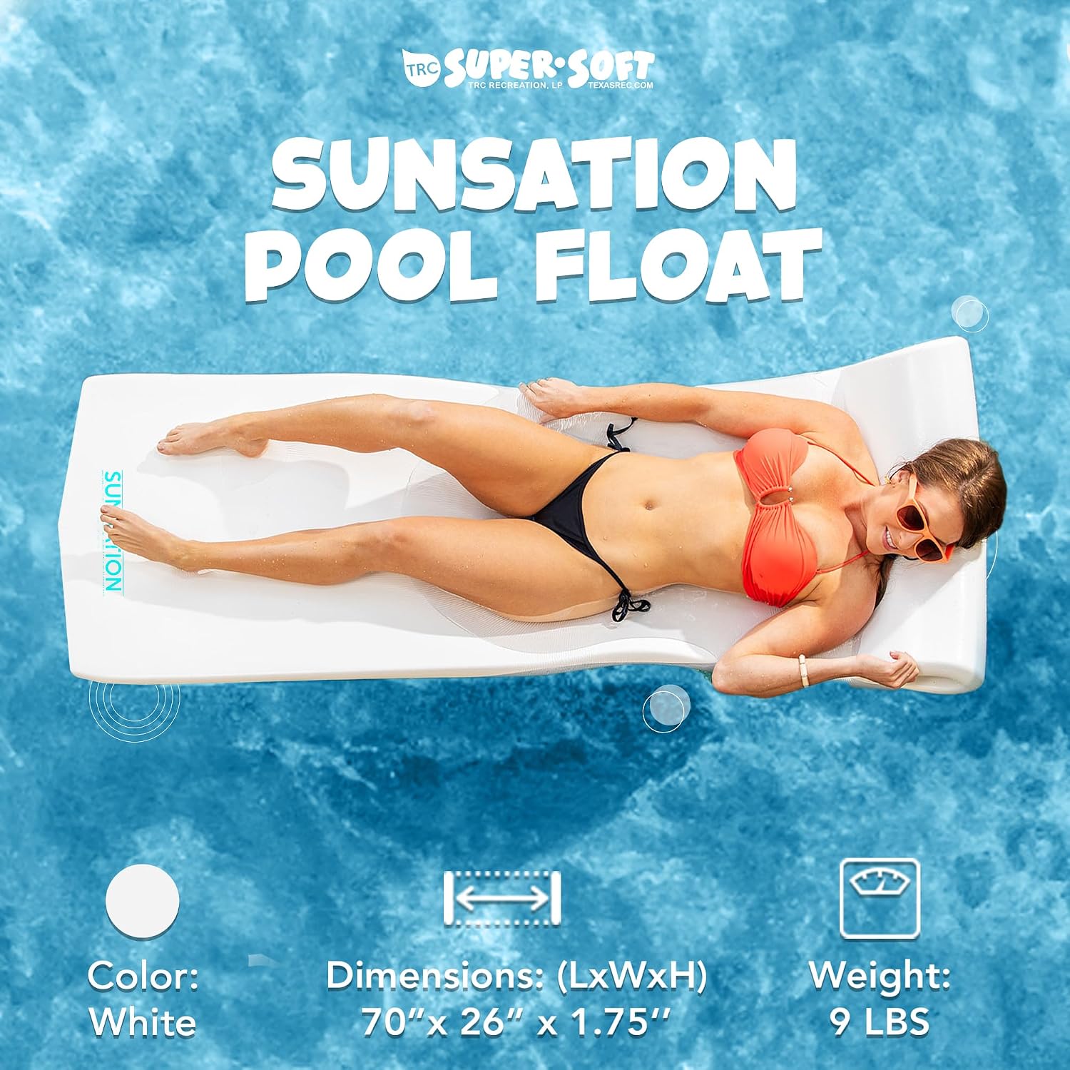 TRC Recreation Sunsation 1.75' Thick Foam Pool Float Lounger, White w/Headrest for Lounging & Sunbathing in Swimming Pools, Beaches & Lakes, 70' x 26'