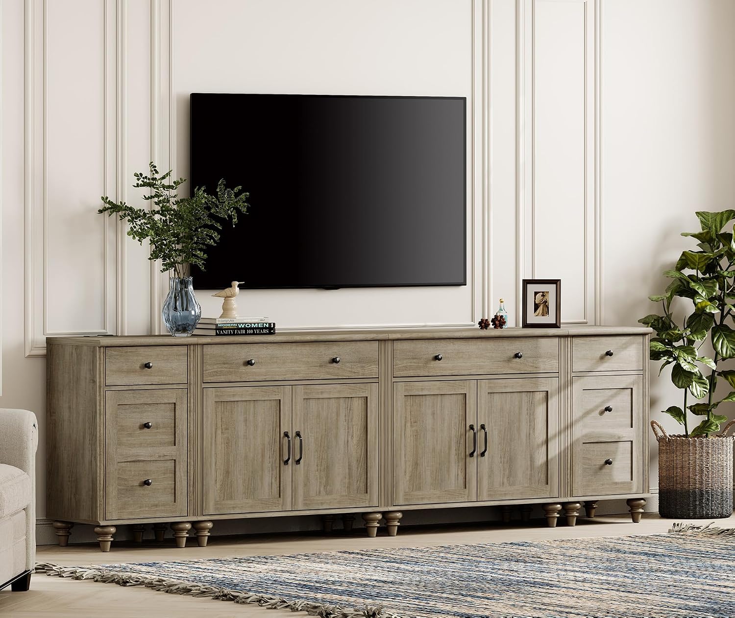 WAMPAT Farmhouse TV Stand for 100 Inch TV, 4-in-1 TV Console Table for 75/80/85/90 Inch TV, Entertainment Center with Charging Station, Kitchen Sideboard Buffet Cabinet for Dining Room, Wash Grey
