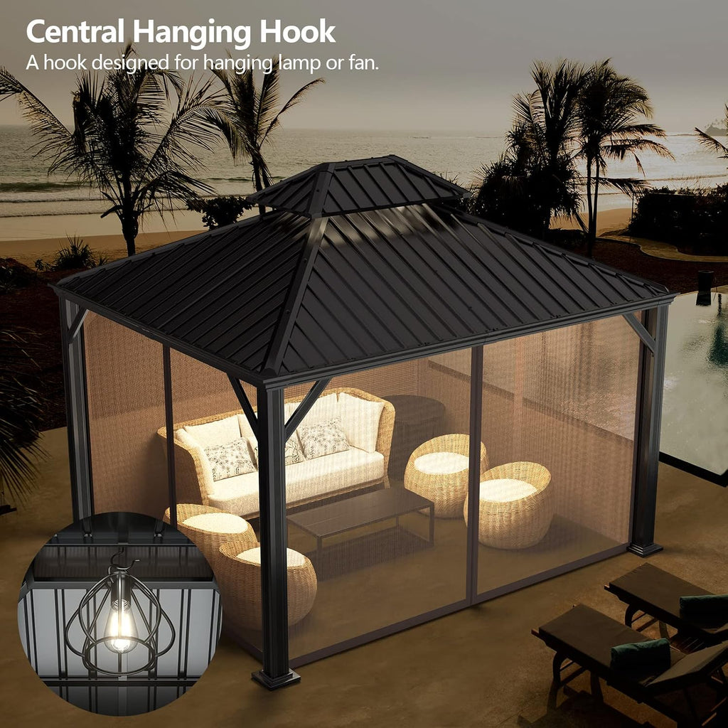 Tangkula 12ft x 10ft Hardtop Gazebo, 2-Tier Outdoor Gazebo w/Double Vented Roof & Central Hook, Galvanized Steel Frame Patio Sun Shelter for Lawn Backyard Poolside Deck (Brown)