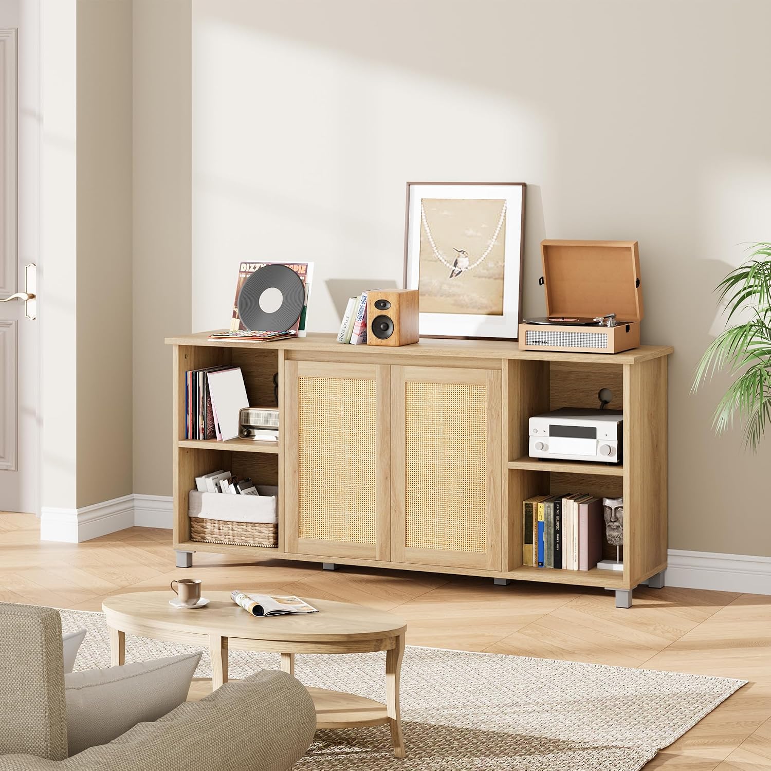 GarveeHome 70 Inch TV Stand, Mid-Century Modern Entertainment Center with Rattan Cabinet Doors, Media Console with Open Shelves, TV Stands for Living Room - Natural