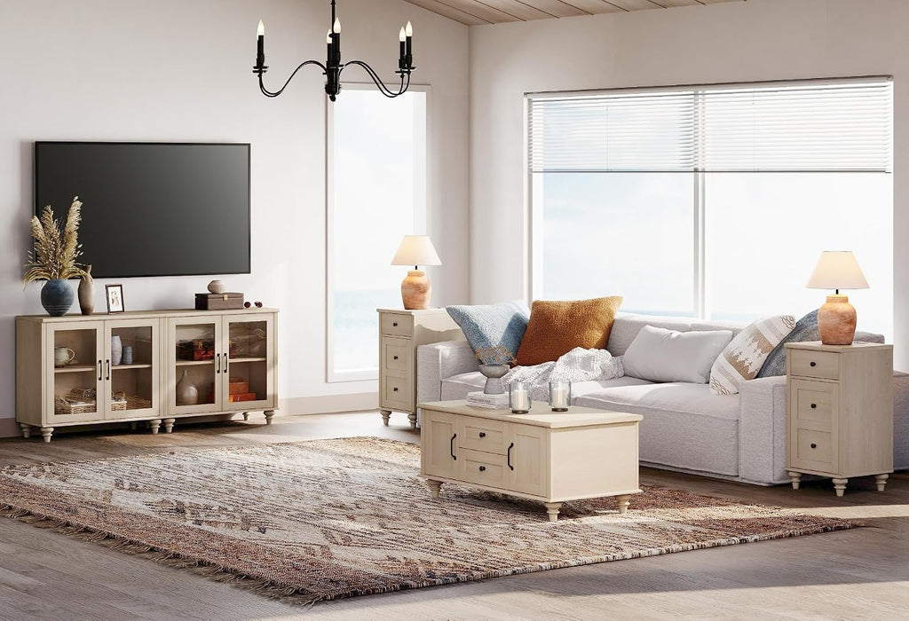 WAMPAT Farmhouse TV Stand for 75 inch TV with 4 Glass Doors, Wood Universal TV Stand with 4 Storage Cabinets, Beige Entertainment Center TV Console Table for Living Room, Bedroom