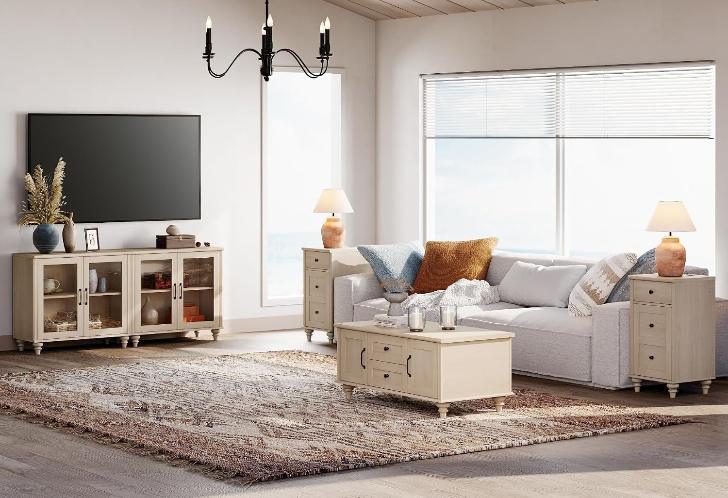 WAMPAT Farmhouse TV Stand for 75 inch TV with 4 Glass Doors, Wood Universal TV Stand with 4 Storage Cabinets, Beige Entertainment Center TV Console Table for Living Room, Bedroom