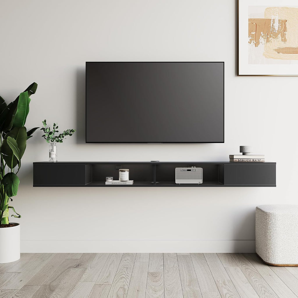 WAMPAT 70 inch Floating TV Shelf for TVs Up to 75 inch, Floating TV Stand with Storage Under TV for Living Room, Entertainment Center for Wall, Black