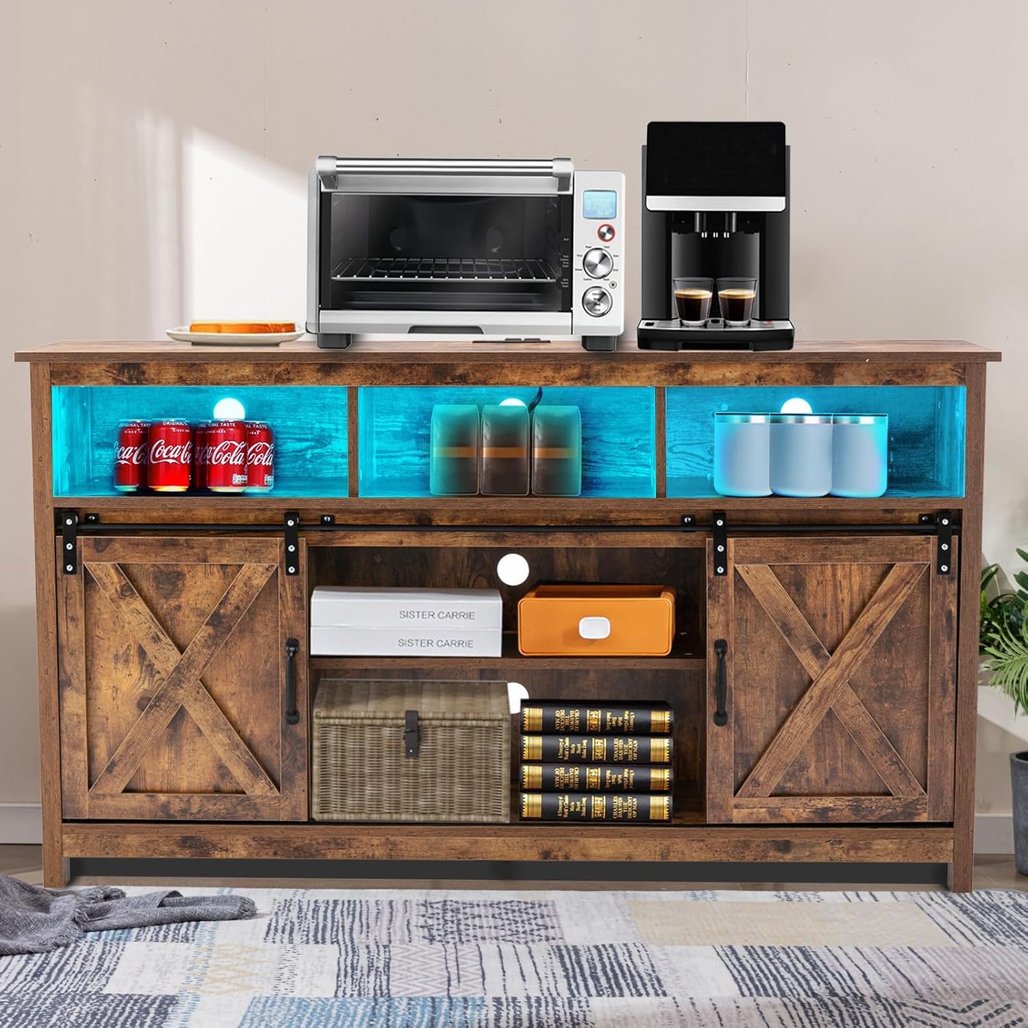 Vinctik 6&Fox 57In Wooden Farmhouse Entertainment Center for 60/65 inch TV,Double Layer Storage Farmhouse TV Stand,Double-Row Sockets with Wood Sliding Barn Door TV Stand, Double Layer Vintage Brown