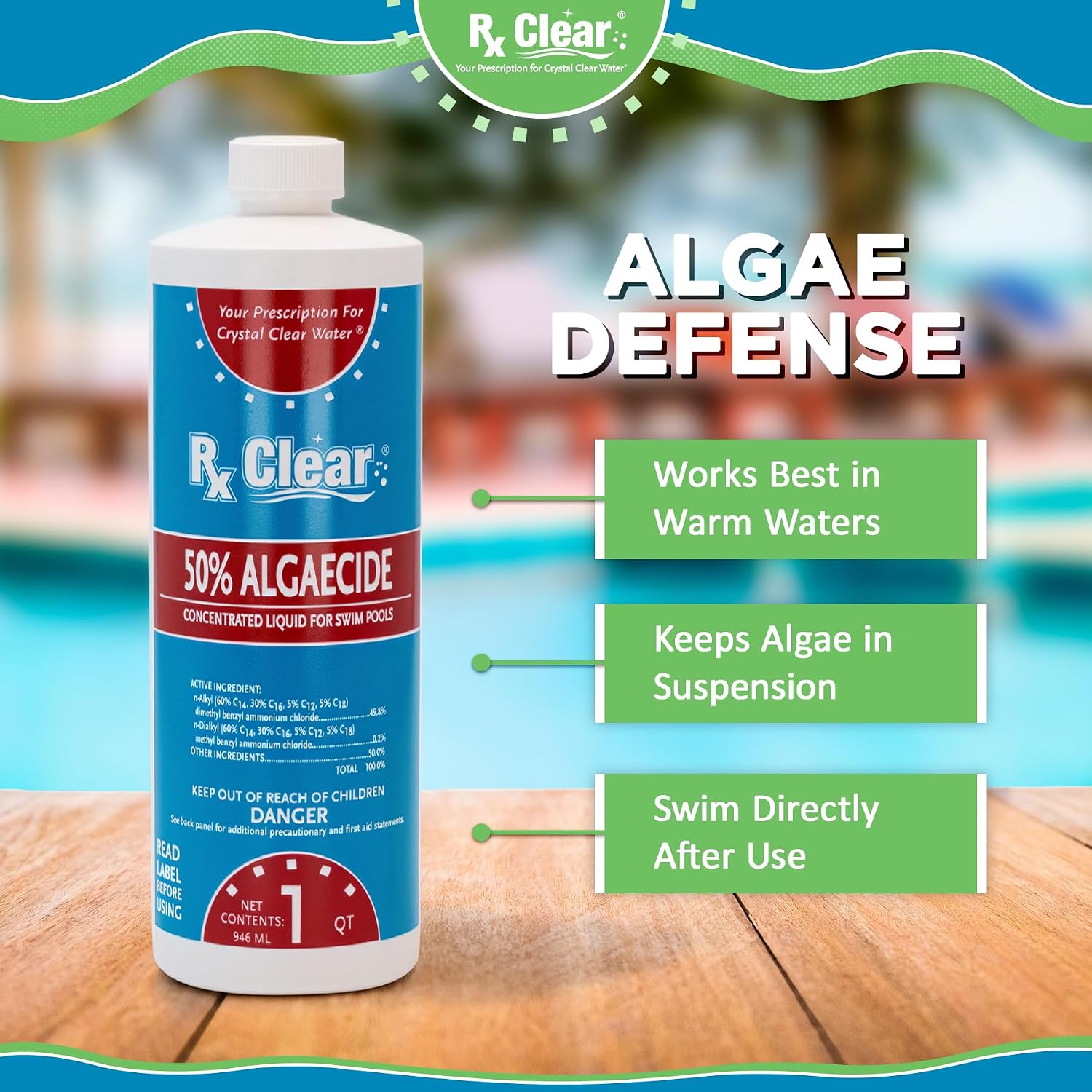Rx Clear Algae Prevention Maintenance Kit | 3-Month Supply | Two 18 fl. Ounce Bottles of 50% Algaecide | 18 One Pound Bags of Super Shock - 68% Calcium Hypochlorite | for Pools Up to 15,000 Gallons