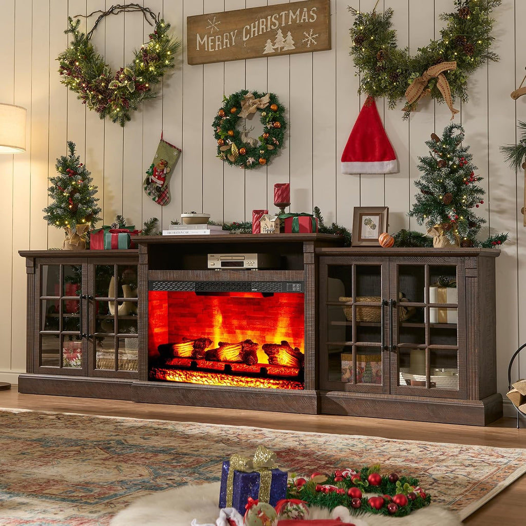 AMERLIFE 97' Farmhouse Fireplace TV Stand, Entertainment Center with Large Storage Space and Adjustable Shelf, Media Console for Living Room, Rustic Brown