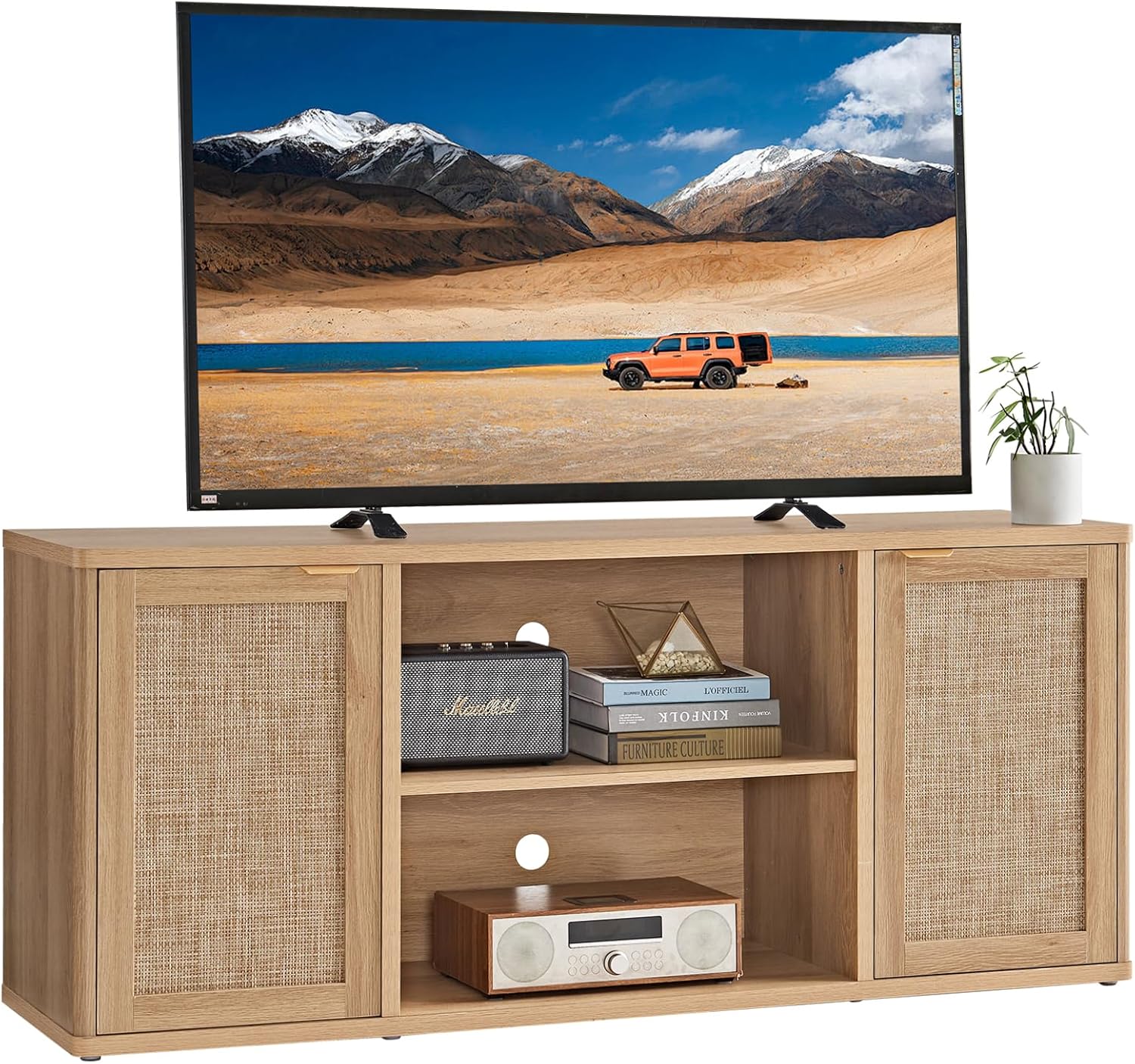 LEYAOYAO Rattan TV Stands for Living Room, Boho TV Cabinet with Storage and Open Shelf, Rustic Wood Entertainment Center, Media Console for 50-65 Inch TV, Natural Wood