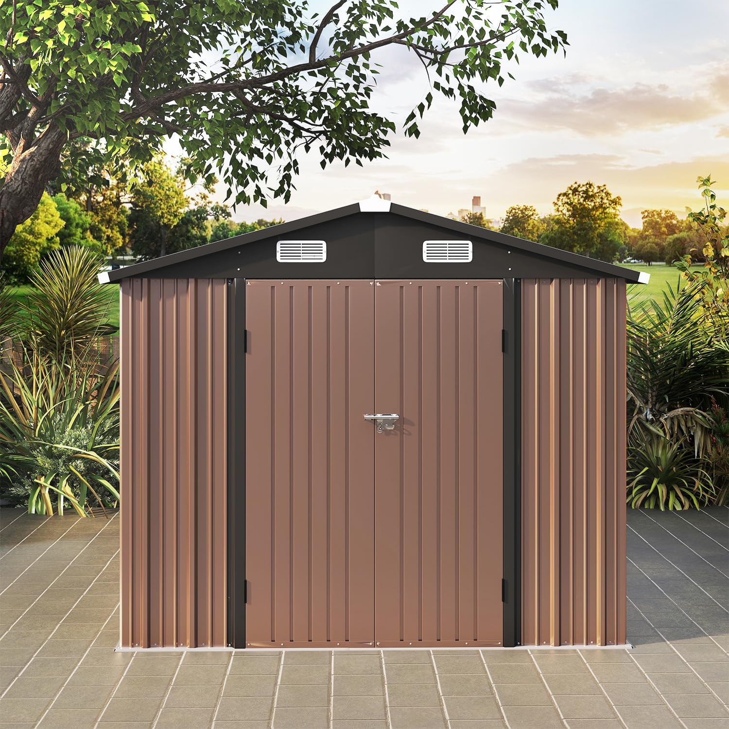8x12ft Brown Metal Tool Shed with Double Lockable Doors, Ventilated Roof, Spacious Outdoor Storage for Tools, Bikes, and Garden Equipment