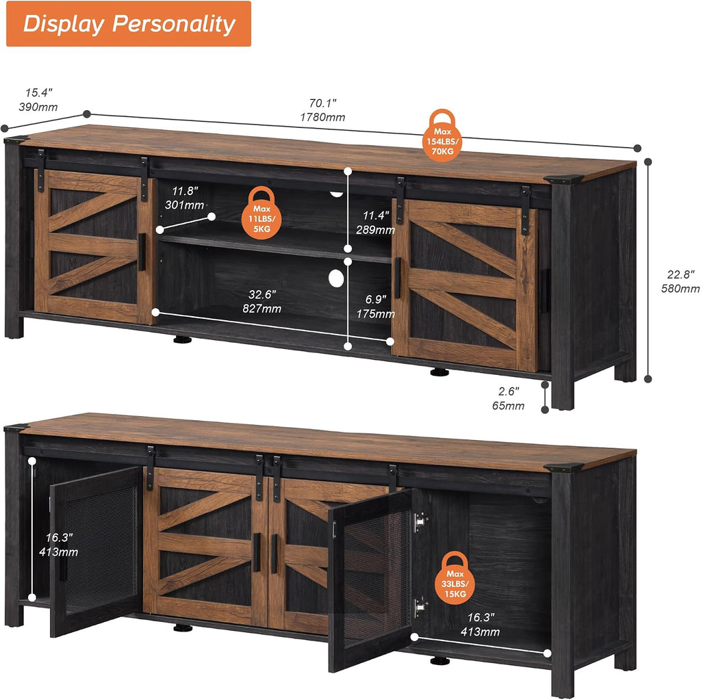WAMPAT 70' Farmhouse TV Stand with Mesh Doors, Entertainment Center for 75' TV, Adjustable Shelves, 2 Storage Cabinets, Console Table for Living Room, Antique Brown & Black