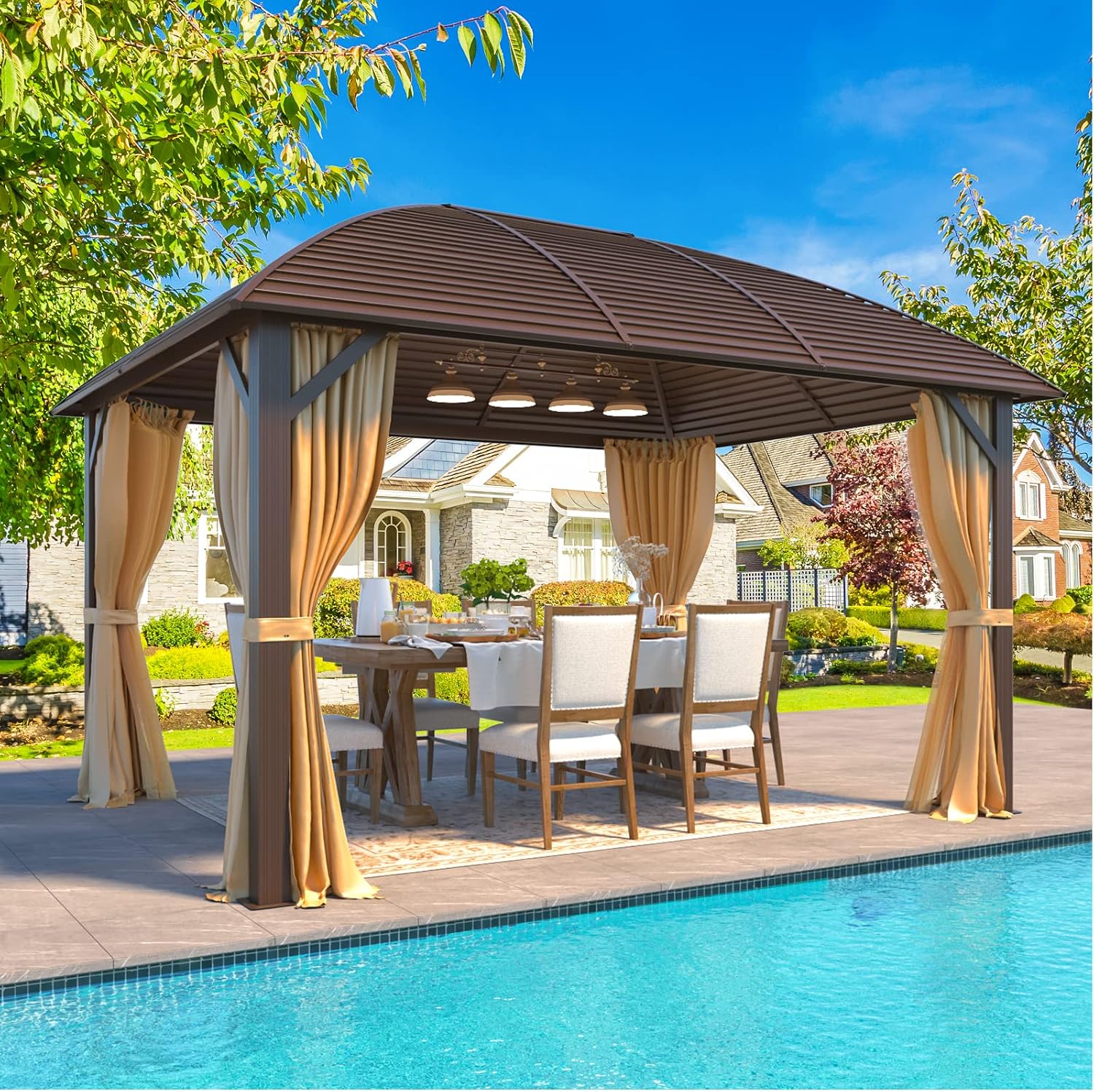 YOLENY 10' x 13' Hardtop Gazebo with Galvanized Steel Roof, Arc Roof Gazebos with Aluminum Frame, Curtain&Netting Included, Sunshade for Gardens, Lawns, Deck