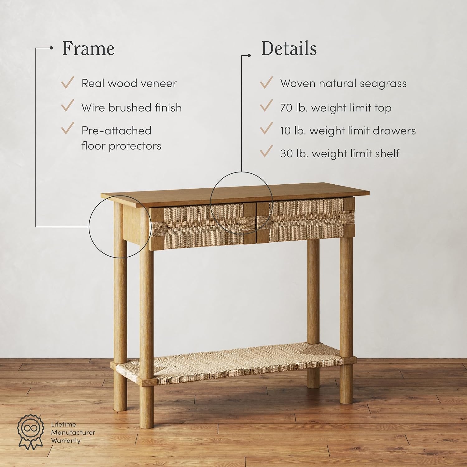 Nathan James Beacon Wooden Sofa Console Table with Drawers, Bohemian Entryway Table, Hallway Table with Seagrass Shelf, Light Brown, Set of 3