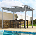 HAPPATIO 10' X 10' Wood-Grain Retractable Pergola with Sun Shade Canopy, Patio Aluminum Frame Shelter for Backyards, Gardens, Porch, Includes Ground Studs and Expansion Screws (Grey)