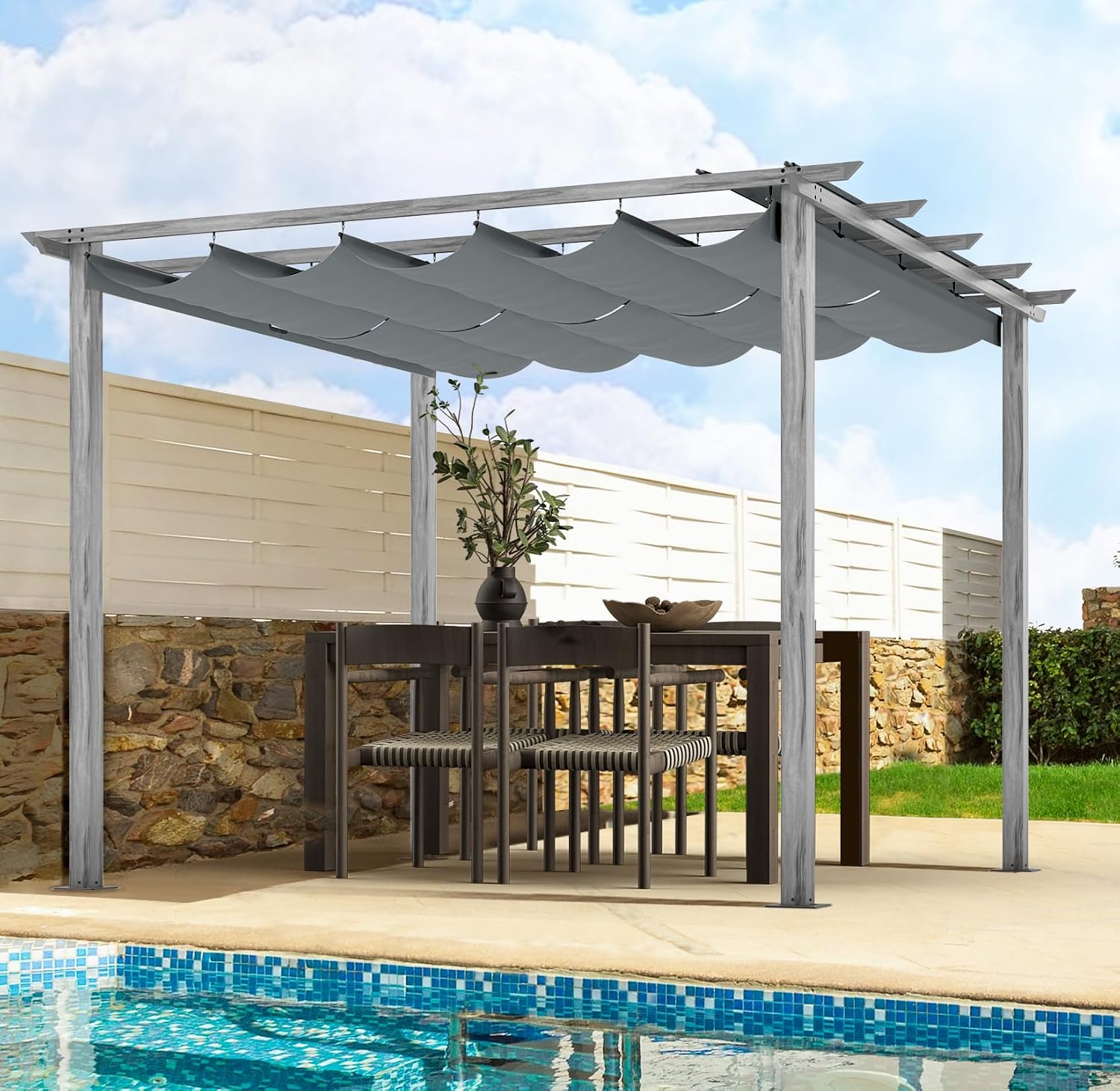 HAPPATIO 10' X 10' Wood-Grain Retractable Pergola with Sun Shade Canopy, Patio Aluminum Frame Shelter for Backyards, Gardens, Porch, Includes Ground Studs and Expansion Screws (Grey)