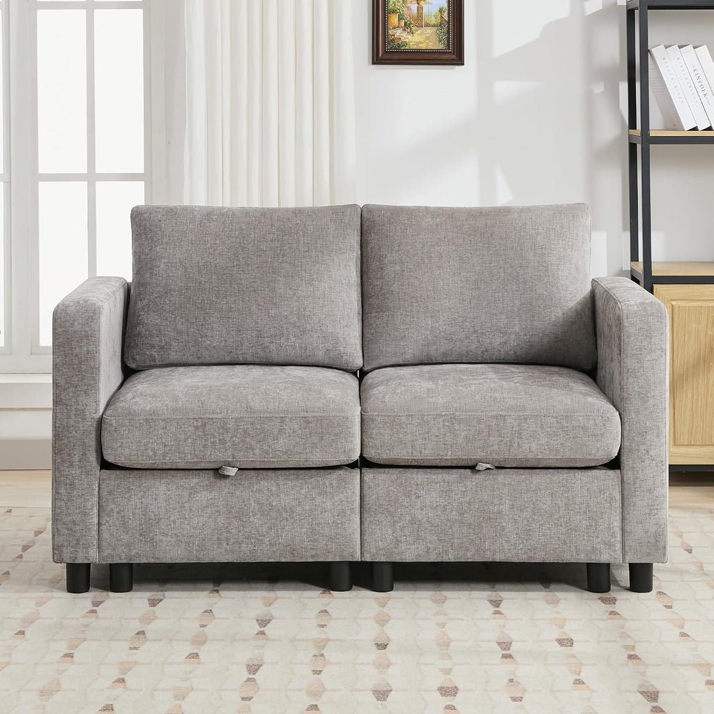 WUTUTUEE 58'Modular Sectional Loveseat Sofa, Modern Love Seat 2 Seater Sofa Couch with Storage, Chenille Modular Sectional Couch for Living Room, Bedroom, Office, Small Apartment, Light Grey