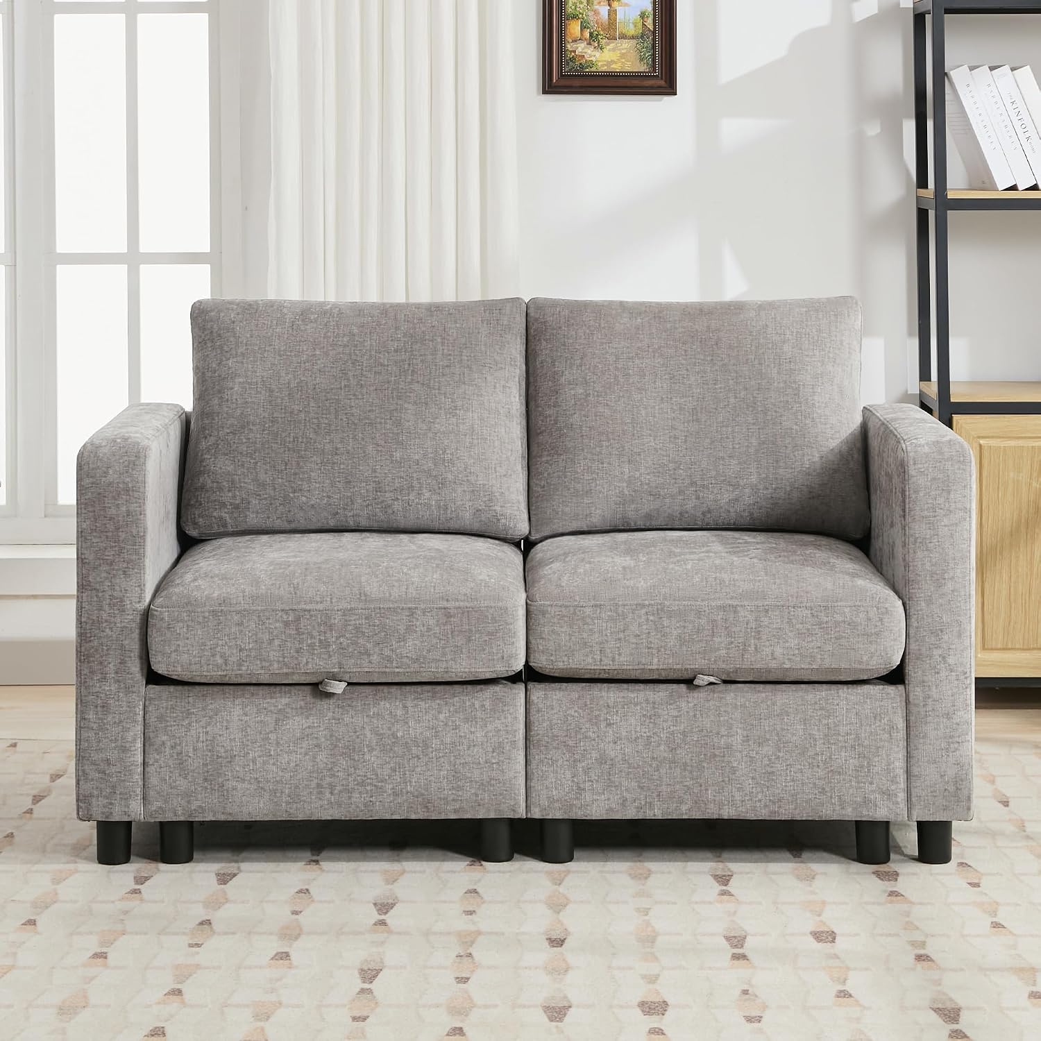 WUTUTUEE 58'Modular Sectional Loveseat Sofa, Modern Love Seat 2 Seater Sofa Couch with Storage, Chenille Modular Sectional Couch for Living Room, Bedroom, Office, Small Apartment, Light Grey