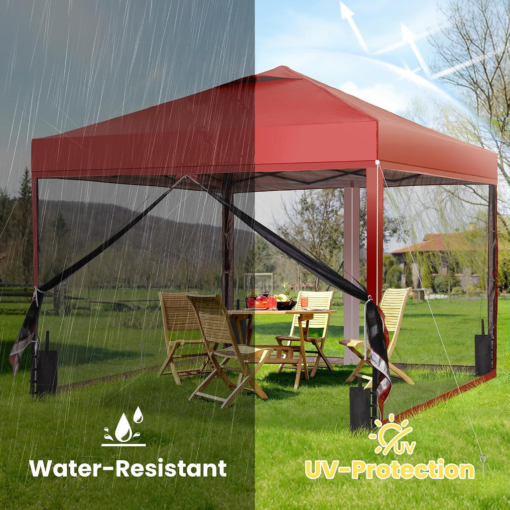 GDY 10x10 Pop up Canopy Tent with Mosquito Netting, Easy up Gazebo for Patio, Camping and Garden, Includes 4 Sandbags, Red