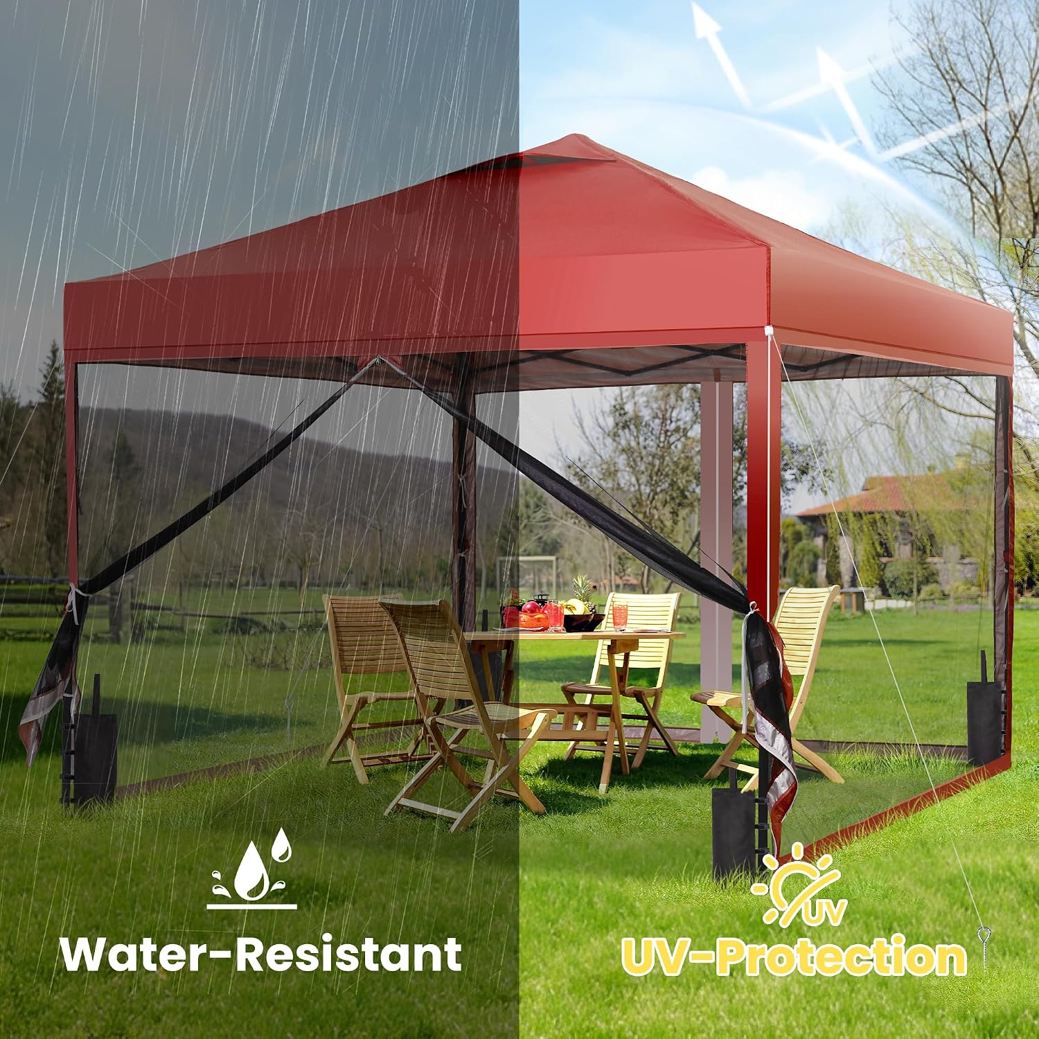 GDY 10x10 Pop up Canopy Tent with Mosquito Netting, Easy up Gazebo for Patio, Camping and Garden, Includes 4 Sandbags, Red