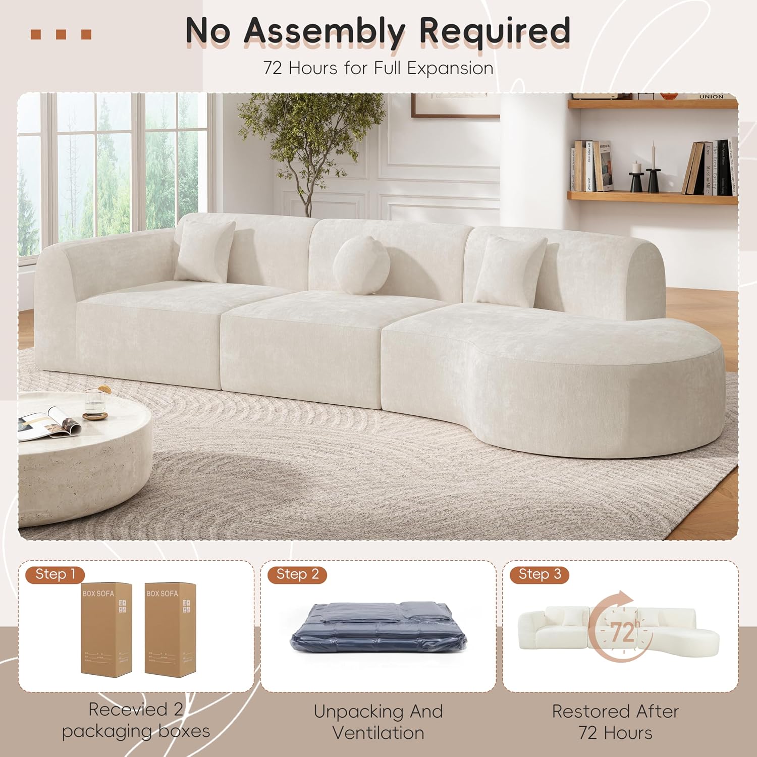 Merax 140' Curved Polyester Sectional Sofa Set, 7 Seat Modern Cloud Couch with Chaise Lounge, 3 Pillows, Fully Assembled for Living Room, Beige