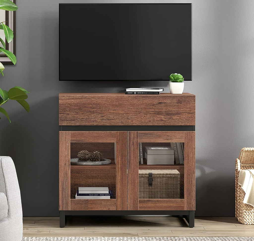 WAMPAT Modern TV Stand with Glass Doors for 26-40 inch TVs, Entertainment Center Console with Drawer and Metal Base for Living Room, Bedroom, Brown