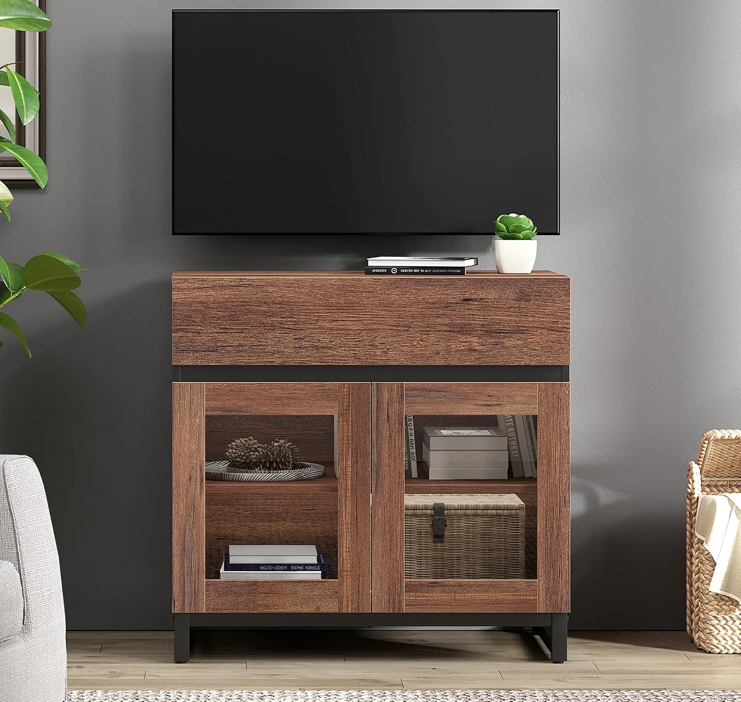 WAMPAT Modern TV Stand with Glass Doors for 26-40 inch TVs, Entertainment Center Console with Drawer and Metal Base for Living Room, Bedroom, Brown