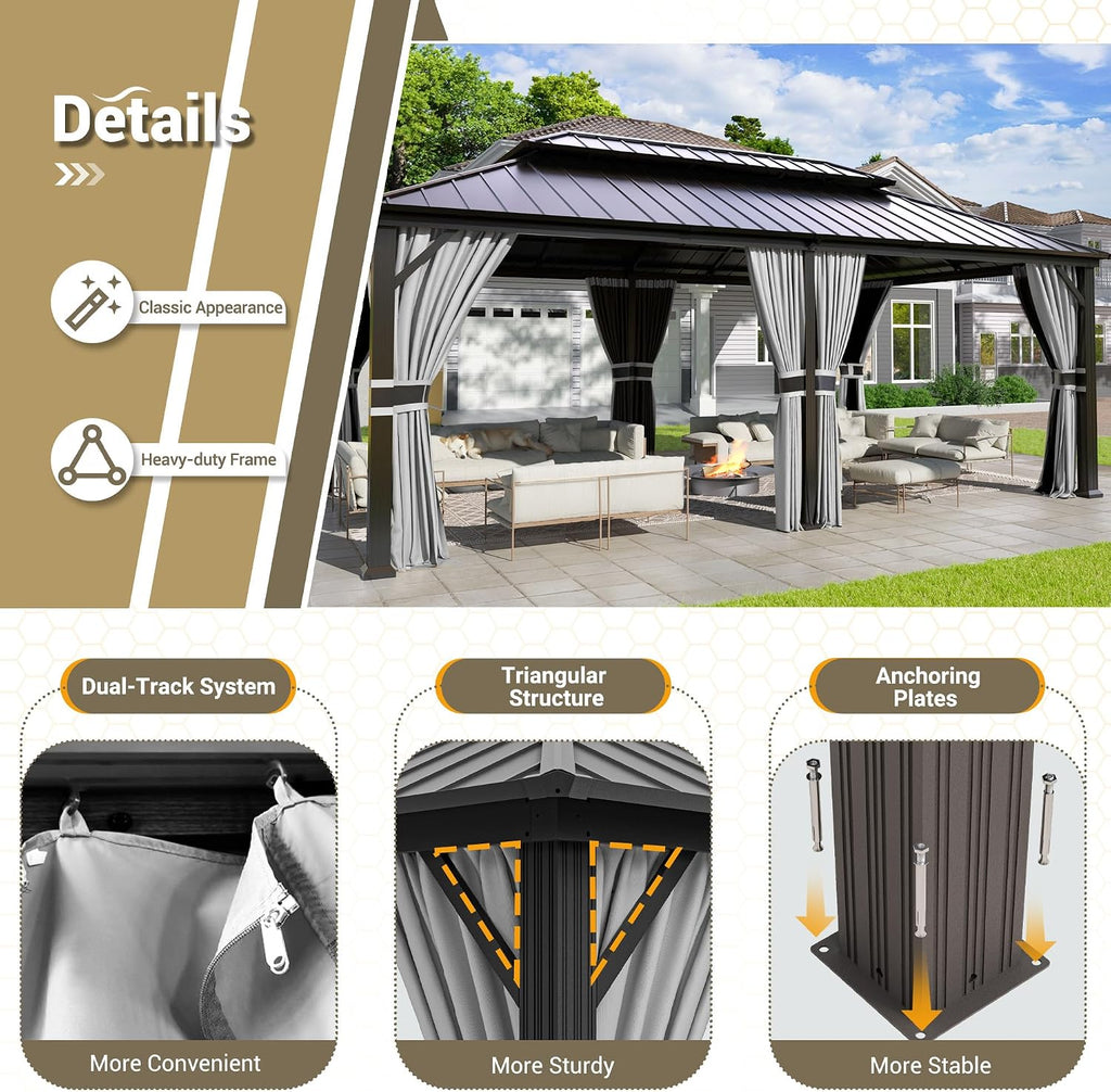 UDPATIO 12' x 20' Hardtop Gazebo, Galvanized Steel Double Roof Permanent Aluminum Gazebo, Outdoor Metal Pergolas with Mosquito Netting and Curtains for Garden, Parties, Patio, Deck, Lawns, Grey