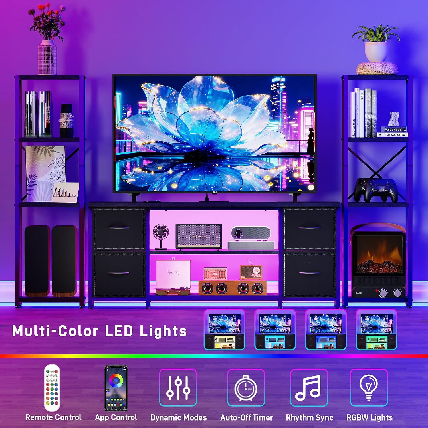 Yenlure LED TV Stand Bookshelf Combo with Charging Station for 65 60 55 Inch TV, Entertainment Center with Lights & Drawers, Industrial Media TV Console Table for Living Room Bedroom Office, Black
