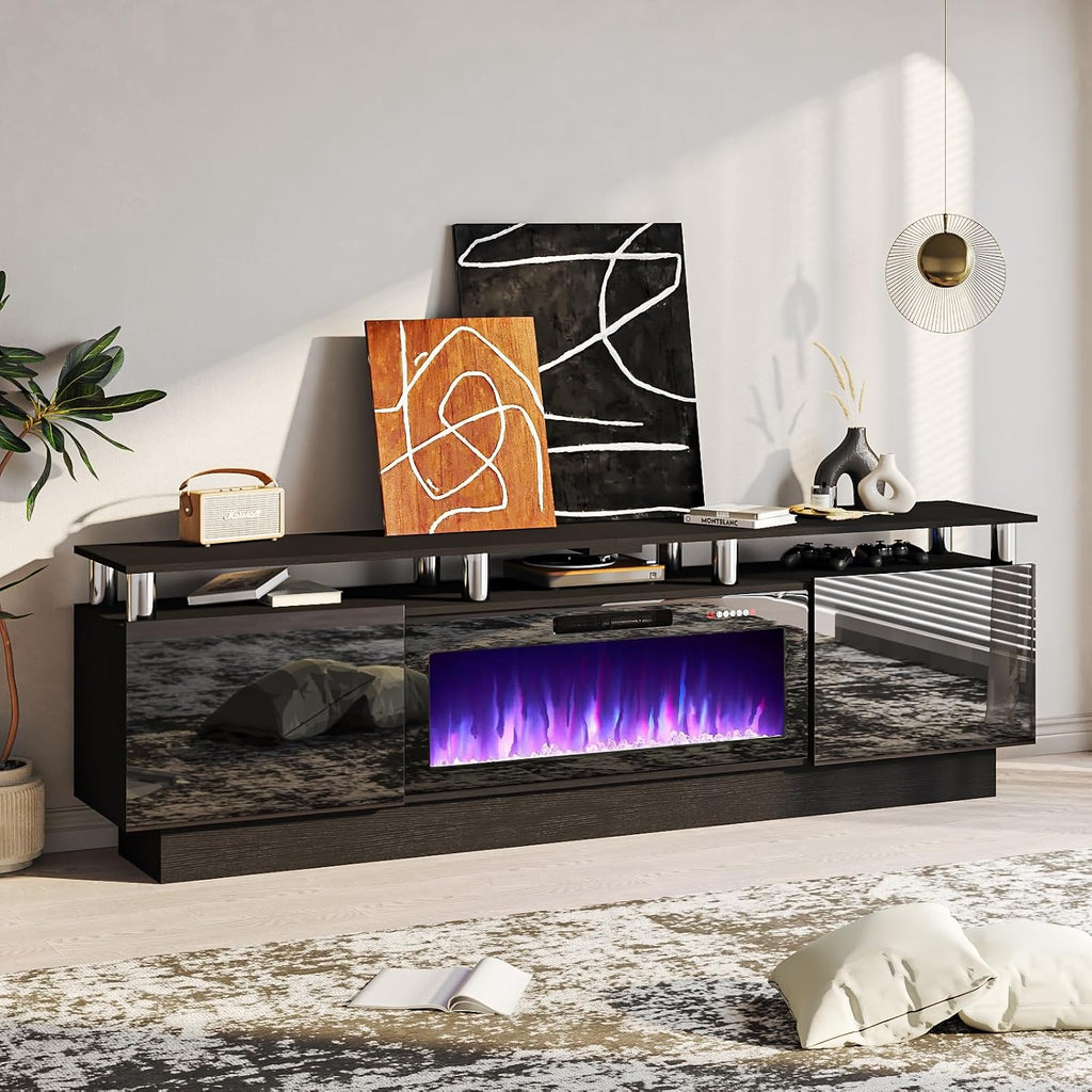 PRETZI 80' Modern Fireplace TV Stand with 36' Electric Fireplace for TVs Up to 90 inch, Luxury LED Light Entertainment Center with High Gloss Cabinet, TV Consoles for Living Room, Black
