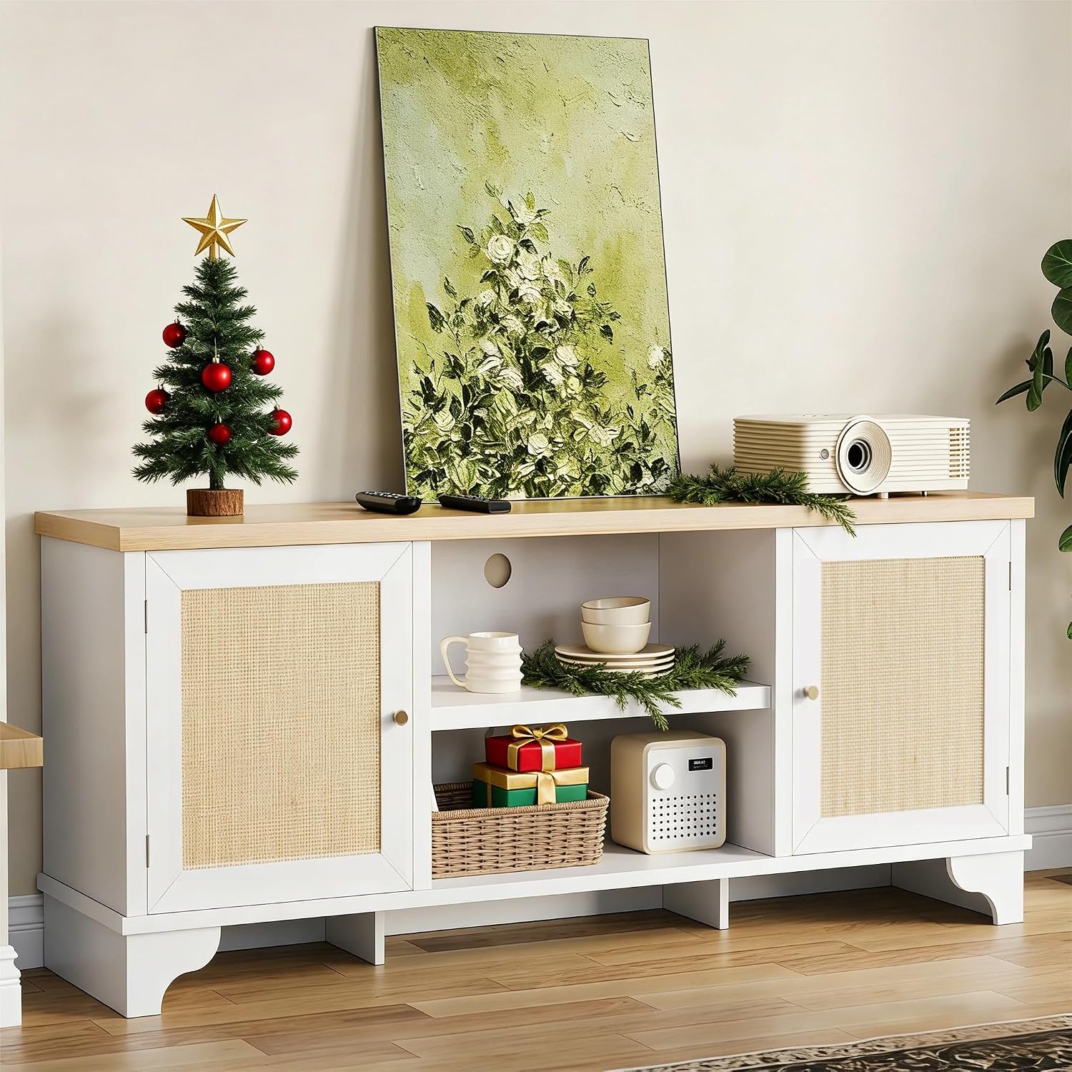 GarveeHome Rattan TV Stand for 65 in TV, Boho Entertainment Center with Cabinets & Open Shelves, Wooden Media Console Table for Living Room, White