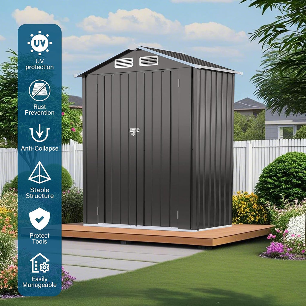 5x3 FT Metal Outdoor Storage Shed, Compact Garden Tool Shed with Peaked Waterproof Roof and Lockable Door, Small Weather-Resistant Metal Organizer for Backyard, Patio, Balcony and Bike Storage, Gray
