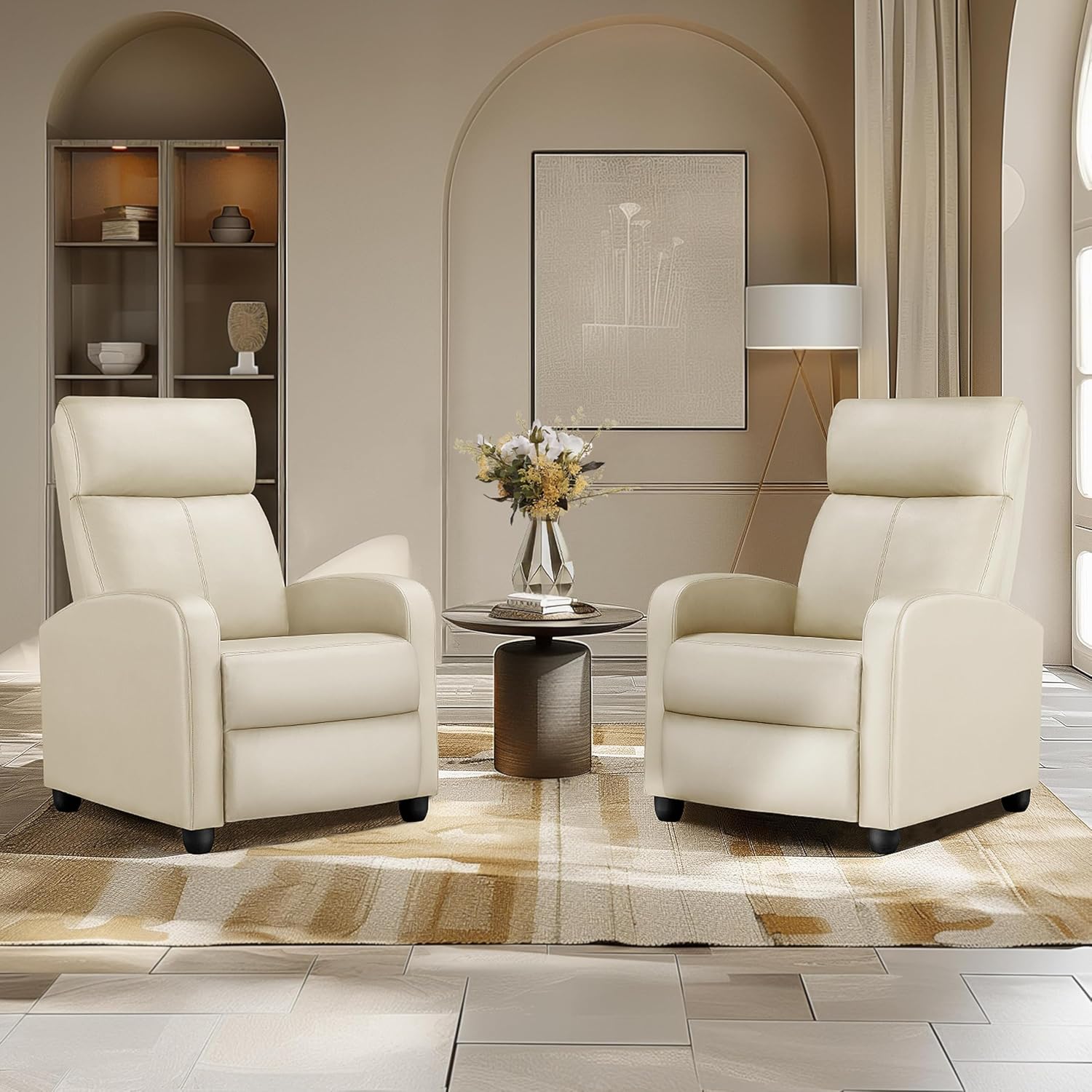 Yaheetech PU Leather Reclining Chair Single Sofa for Living Room Padded Seat with Pocket Spring for Small Space Living Room Bedroom Home Theater Beige
