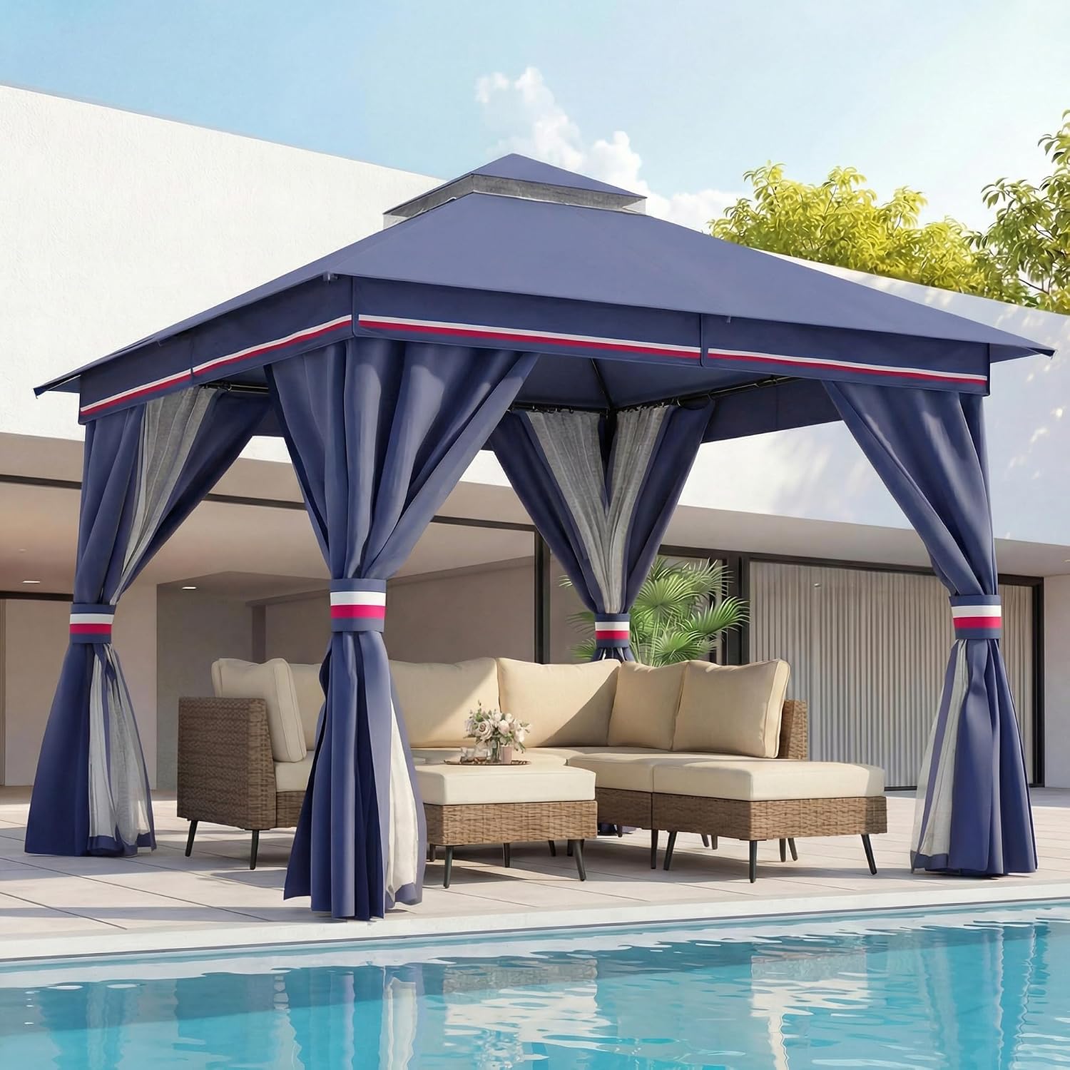 LAUSAINT HOME Gazebo 10x10ft, Heavy Duty Patio Gazebo with Expansion Bolts, Party Canopy Tent with Double Roofs, Mosquito Nettings and Privacy Screens for Backyard, Garden, Lawn, Classic Blue