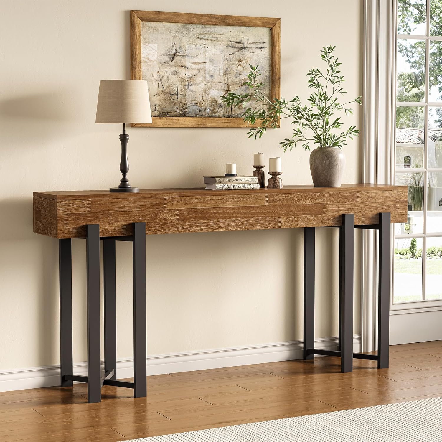 LITTLE TREE 63-Inch Console Table for Entryway, Farmhouse Behind Couch Table, Minimalist Sofa Table for Living Room, Long Wooden Hallway Foyer Table with Black Metal Frame, Oak