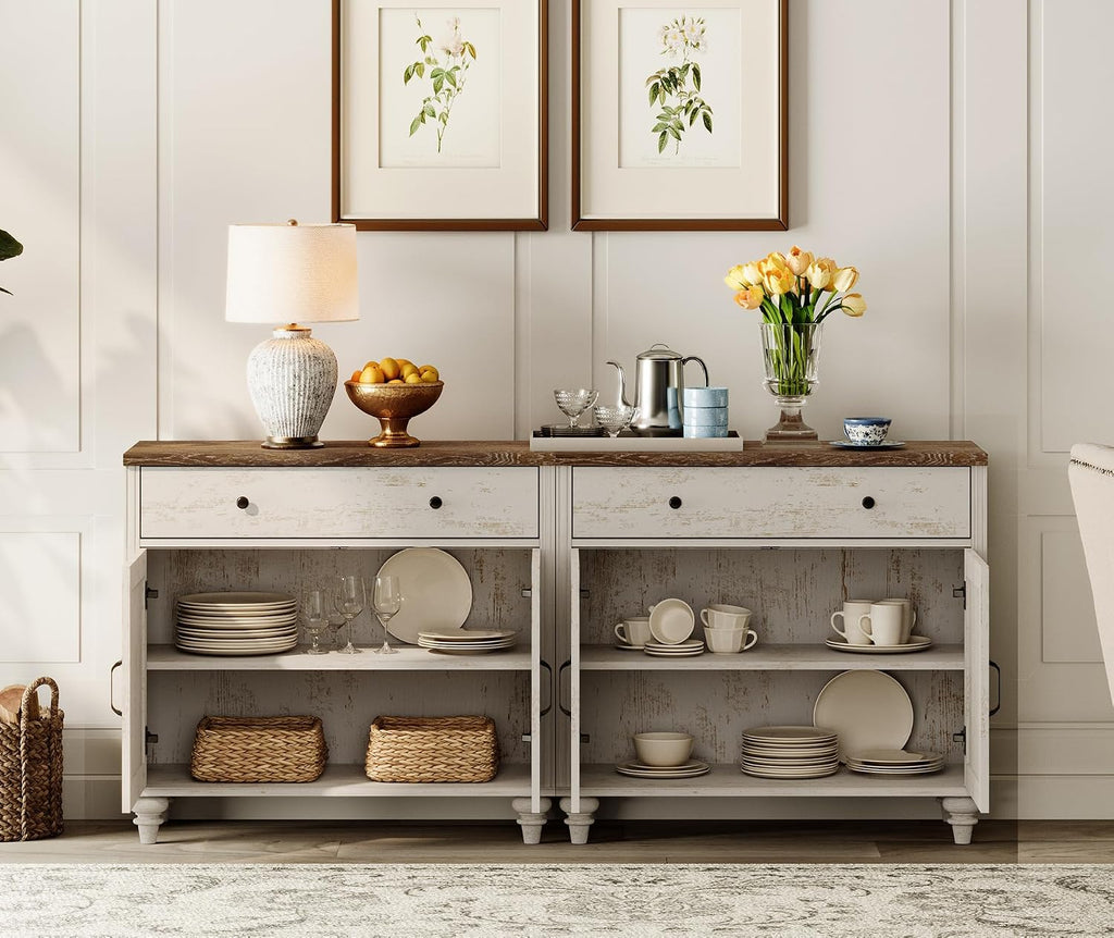 WAMPAT Farmhouse TV Stand for 100 Inch TV, 4-in-1 TV Console Table for 75/80/85/90 Inch TV, Entertainment Center with Charging Station, Kitchen Sideboard Buffet Cabinet for Dining Room, Rustic White