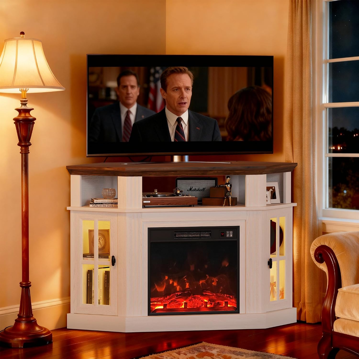 YESHOMY LED Corner Fireplace TV Stand with Mood Lighting, for TVs up to 55' with Storage Cabinets, Entertainment Center, Media Console for Living Room, Bedroom, White