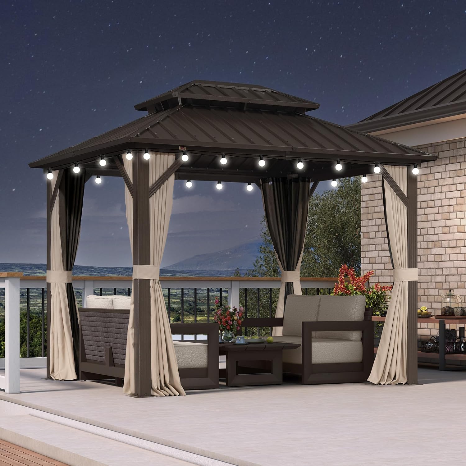 PURPLE LEAF 8' X 10' Hardtop Gazebo Outdoor Gazebos Metal Frame Galvanized Steel Double Roof with Curtains and Nettings for Patio Desk Backyard Bronze
