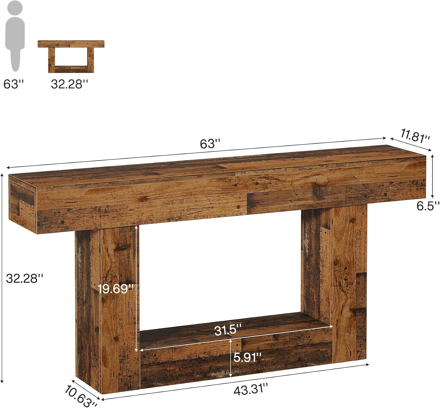 Tribesigns 63-Inch Long Console Table, 2-Tier Entryway Table Sofa Table with Storage, Farmhouse Wood Behind Couch Table for Living Room, Hallway, Rustic Mixed Brown