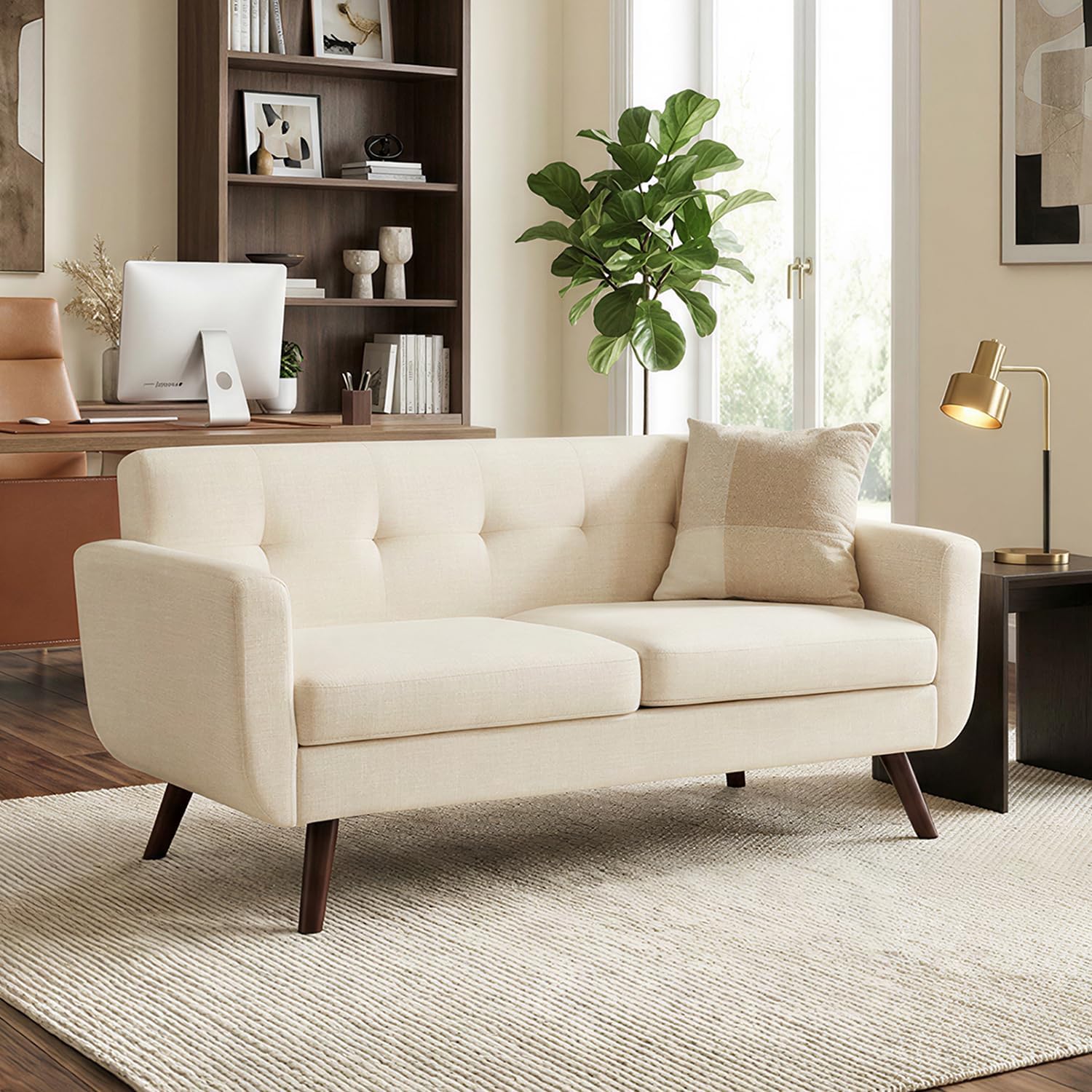 Tbfit Loveseat Sofa, 65' W Mid Century Modern Love Seat Couches for Living Room, Button Tufted Upholstered Small Sofa Couch for Bedroom, Beige