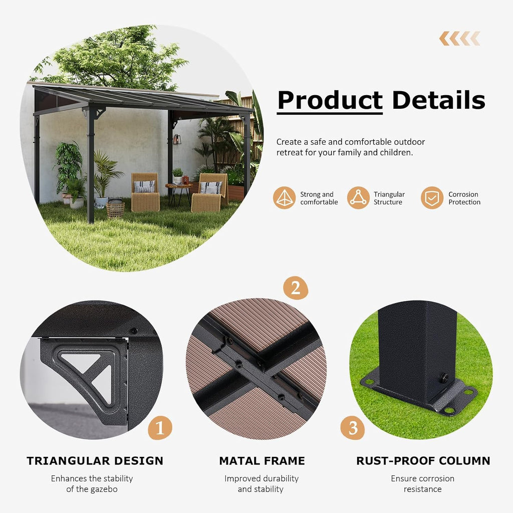 10x12FT Wall-Mounted Gazebo with Sloped Polycarbonate Roof, Heavy Duty Pergola for Patio, Backyard, or Deck, Modern Outdoor Shade Solution