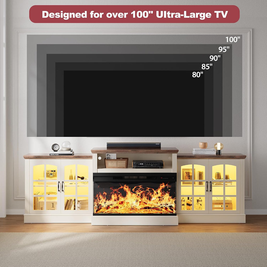 97' Fireplace TV Stand with 36' Electric Fireplace, Farmhouse Entertainment Center for TVs up to 100', Media Console Table with Large Storage Cabinets, for Living Room, White