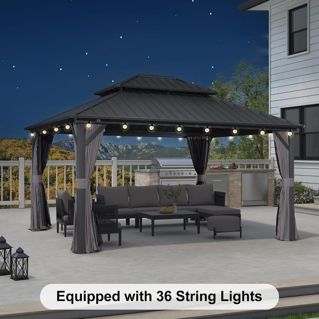 PURPLE LEAF 12'x14' Hardtop Gazebo with Lights Double Roof on Galvanized Steel Frame Outdoor Pavilion Including Netting and Curtains for Patio Garden Deck Grey