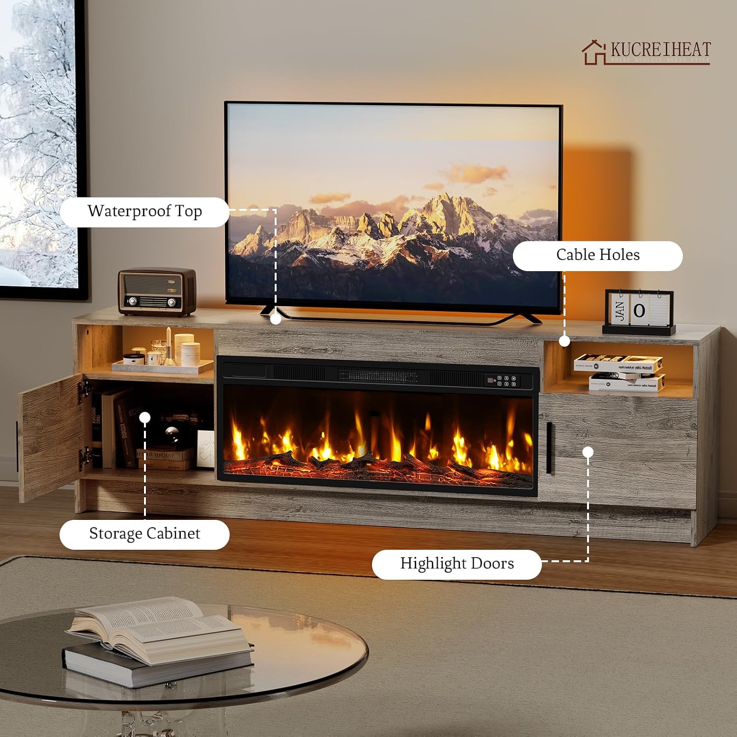 Kucreiheat Fireplace TV Stand for 65-80 inch TV, Large Entertainment Center with Fireplace & LED Lights,High Gloss Living Room Storage Cabinet, Grey, 70''(Log)