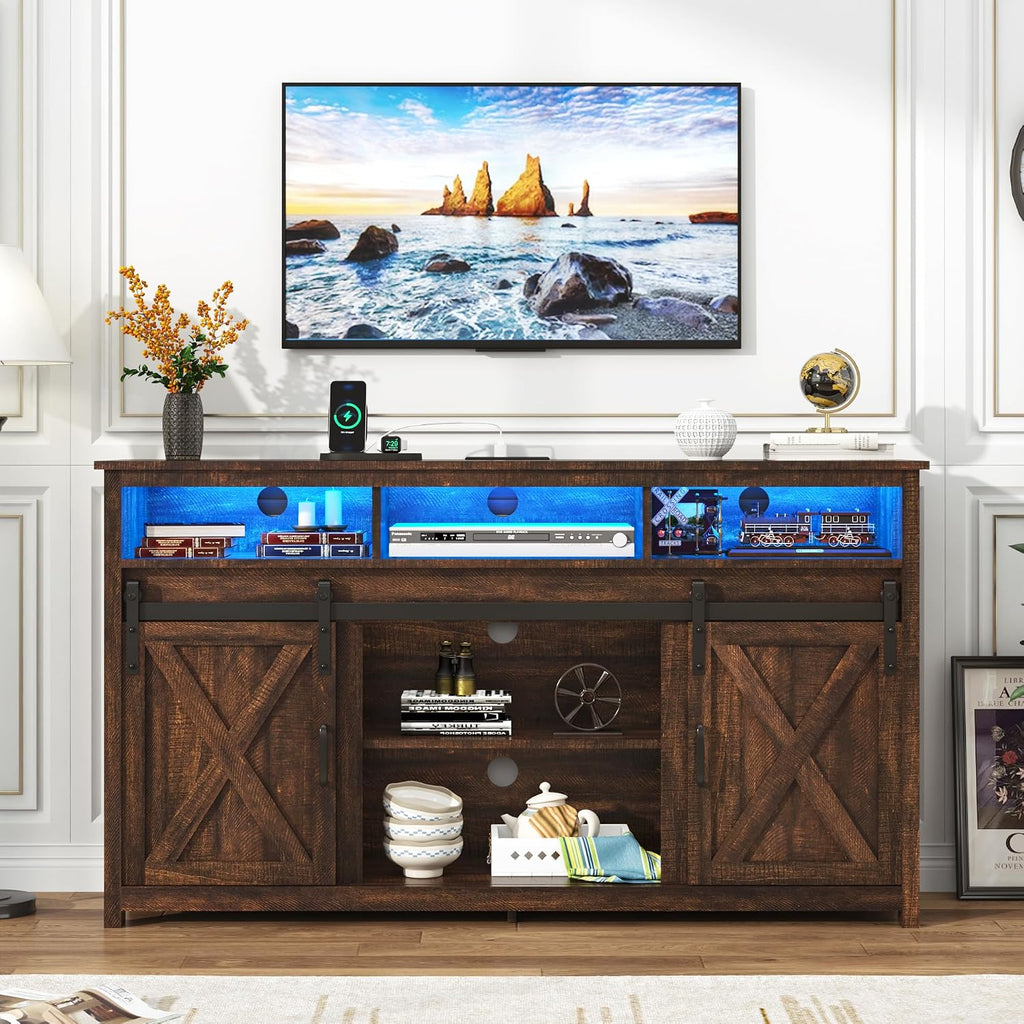 LED Farmhouse TV Stand for 65 inch TVs, Rustic Entertainment Center TV Cabinet Stands with Power Outlets, Wooden Sliding Barn Door TV Media Console Table Storage and Shelves, Brown