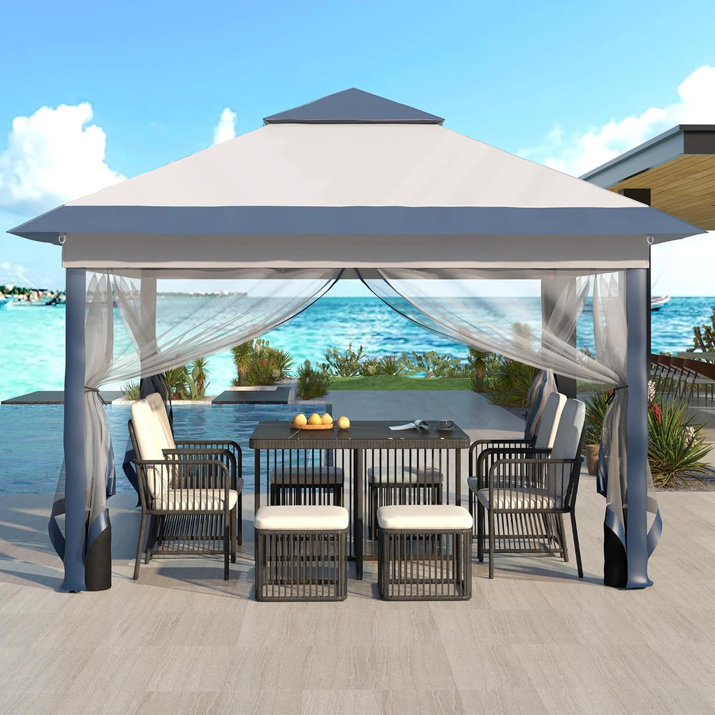GDY 11x11FT Patio Gazebo with Mosquito Netting, Double Top with 4-Sangbags, Garden, Yard, Grassland, Grey and Navy Blue.