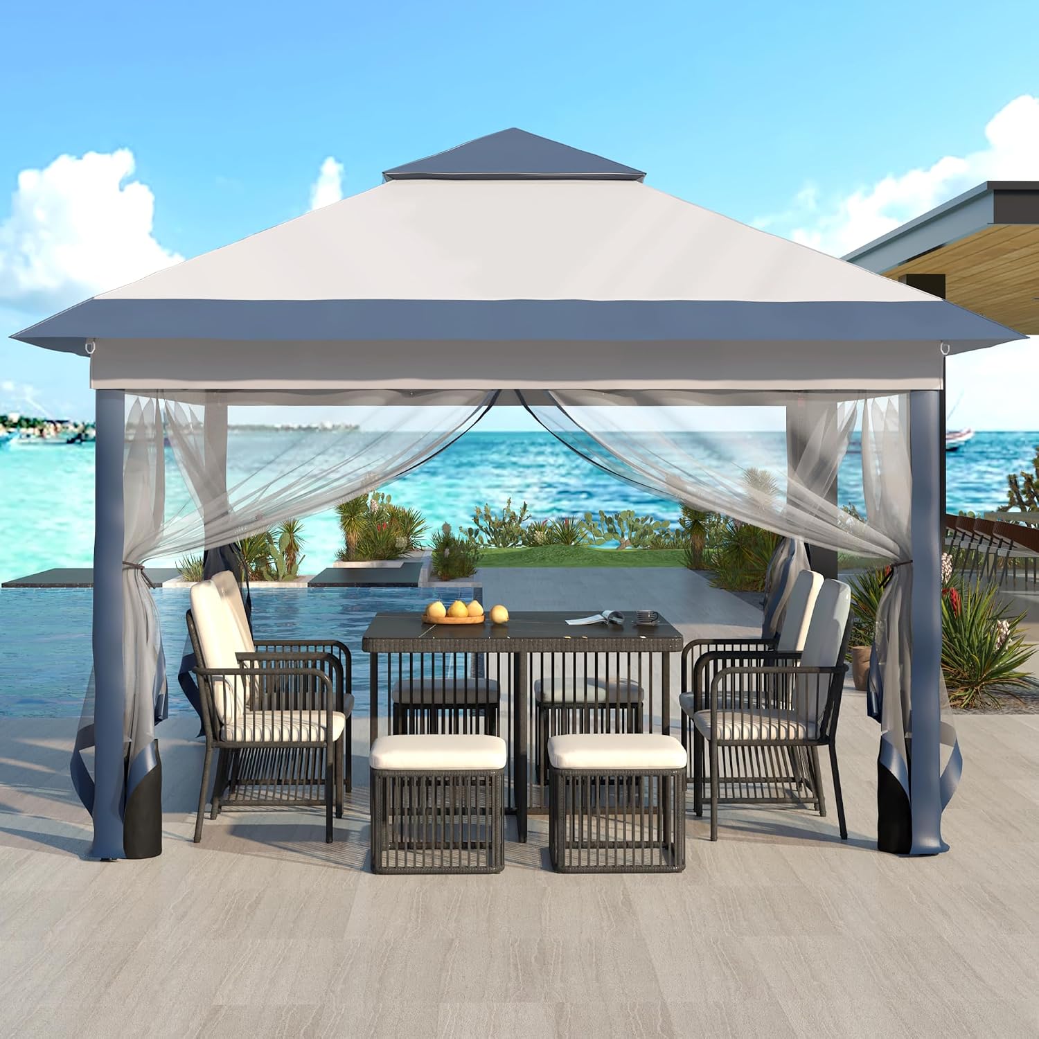 GDY 11x11FT Patio Gazebo with Mosquito Netting, Double Top with 4-Sangbags, Garden, Yard, Grassland, Grey and Navy Blue.