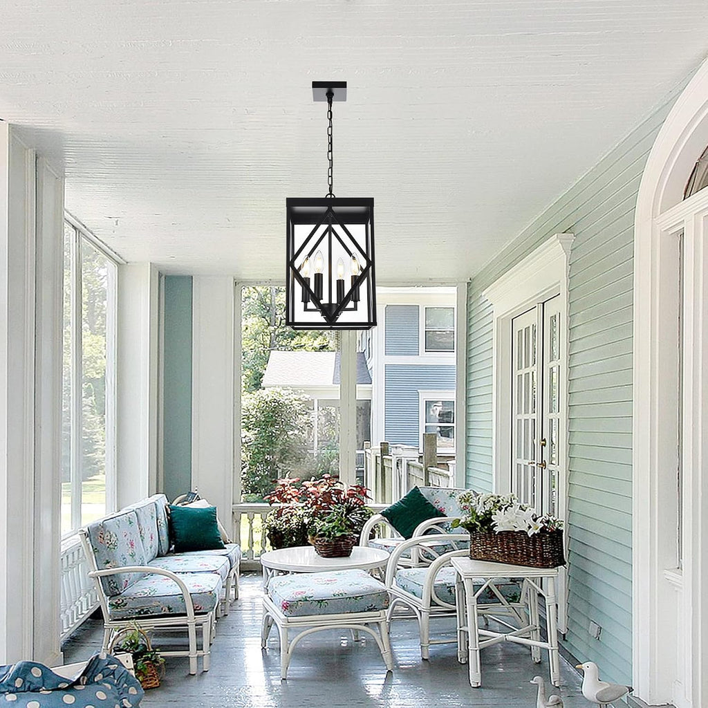 Outdoor Pendant Light 4 Lights Modern Outside Chandelier Outdoor Hanging Lantern Light with Clear Glass, Matte Black Exterior Pendant Lighting Fixture for Porch, Yard, Gazebo