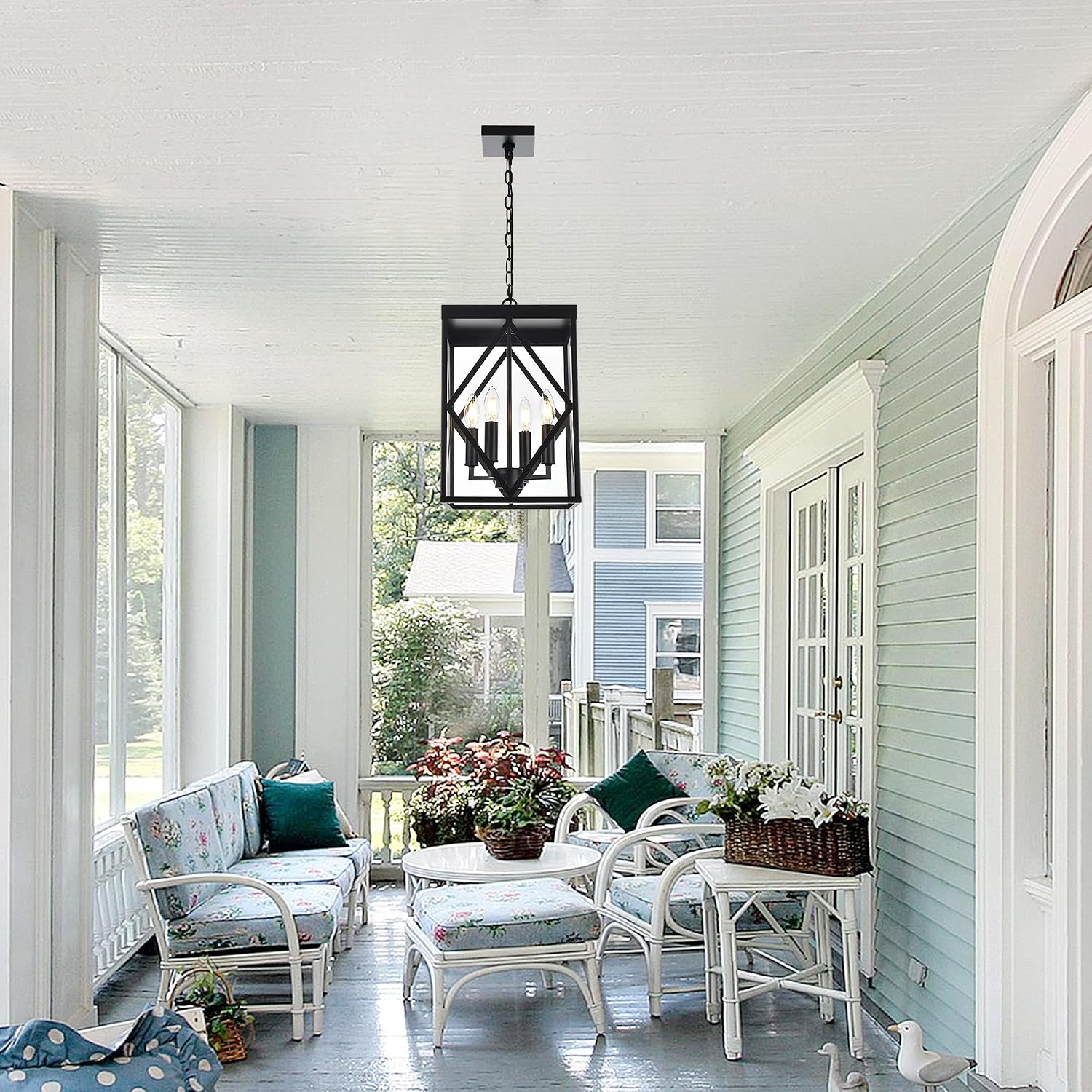 Outdoor Pendant Light 4 Lights Modern Outside Chandelier Outdoor Hanging Lantern Light with Clear Glass, Matte Black Exterior Pendant Lighting Fixture for Porch, Yard, Gazebo